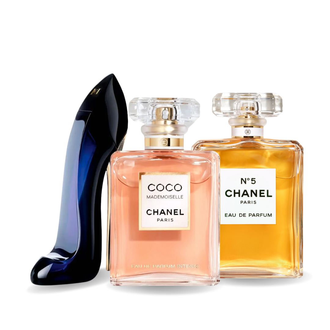 Combo de 3 perfumes GOOD GIRL, COCO MADEMOISELLE, Chanel Nº5 100ml